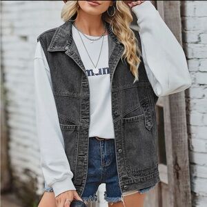 Dark Gray Denim Vest with Pockets